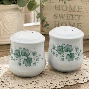 May include: A pair of white ceramic salt and pepper shakers with a rounded shape, each featuring a painted pattern of green ivy leaves with thin brown stems. The tops of the shakers have small holes for dispensing, and the surface is smooth.