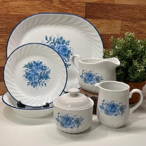 Può includere: Un set di stoviglie in ceramica bianca con un motivo floreale di rose blu. Il set comprende piatti, ciotole, una zuccheriera con coperchio e due brocche. I piatti hanno un bordo blu. Il set è disposto su una superficie bianca.