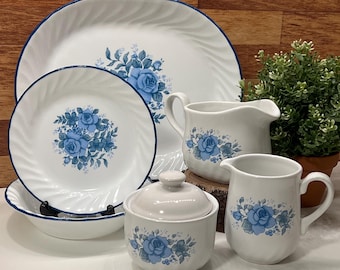 Corelle Vintage Blue Velvet Replacement Set | Tray Plates, Bowls, Bread Plates, Sugar Bowl, Creamer, Gravy Boat | Floral Tableware