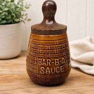 Vintage Keramik-Grillsaucentopf mit Pinsel, braunes Steingut-Grillsaucengefäß mit Holzdeckel, rustikale Küchendekoration, Behälter für Grillgewürze