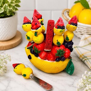 Vintage Lemon Fruit Spreader Knife Holder Set with 6 Knives, Strawberry & Watermelon Design, Kitchen Decor, Butter Knife Set, Fruit Basket