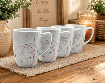 Corelle Coordinates Splendor Set of 4 Porcelain Coffee Mugs Red Gray Swirl Tea Cups Modern Dinnerware Vintage