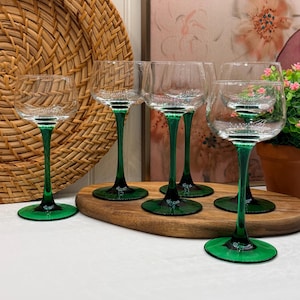Vintage Luminarc Green Stem Wine Glasses Set of 6 France Rhine Alsace 1970s French Glassware