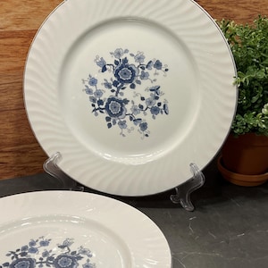 Peut inclure: Assiettes en céramique blanches avec un motif floral bleu. Les assiettes ont une bordure argentée et un bord texturé et tourbillonnant. Une assiette est présentée sur un support transparent. Le motif floral présente un bouquet de fleurs et de feuilles bleues.