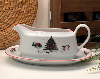 Vintage Christmas Gravy Boat with Underplate Kopin Christmas Pleasure Porcelain Red Trim Holiday Serveware Sauce Boat Set