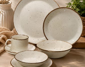 Vaisselle vintage LifeStyle J&G Meakin England | Assiettes, bols, tasse et soucoupe vendus à l’unité | Remplacement vaisselle crème moucheté