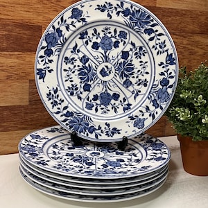 Peut inclure: Un ensemble de six assiettes en céramique blanche avec un motif floral bleu. Les assiettes présentent un motif détaillé de fleurs et de feuilles, avec une bordure bleue. Une assiette est présentée sur un support noir, les autres sont empilées. Les assiettes sont adaptées pour servir des aliments.