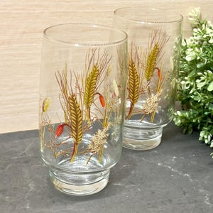 Op de afbeelding: Twee heldere glazen met een ontwerp van tarwe en wilde bloemen. De glazen hebben een uitlopende basis en zijn perfect om dranken te serveren.