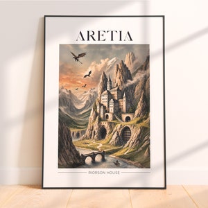 Puede incluir: Una ilustración de paisaje de fantasía con un castillo en la cima de una montaña. El castillo está rodeado de nubes y hay dragones volando en el cielo. El texto "ARETIA - RIORSON HOUSE" está en la parte inferior de la imagen.
