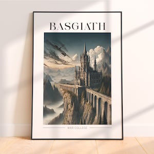 Puede incluir: Una ilustración en blanco y negro de un gran castillo gris en un acantilado con un puente que conduce a él. El castillo tiene muchas torres y ventanas. El texto "BASSGIATH WAR COLLEGE" está en la parte superior e inferior de la imagen.