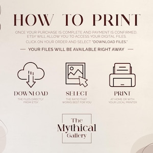 K&ouml;nnte beinhalten: Beige Grafik mit Anweisungen zum Drucken digitaler Dateien, die auf Etsy gekauft wurden. Der Text enth&auml;lt Schritte zum Herunterladen, Ausw&auml;hlen des Verh&auml;ltnisses und Drucken zu Hause oder mit einem lokalen Drucker. Das Logo The Mythical Gallery befindet sich unten.