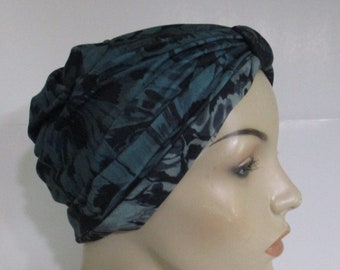 Teal and Black Turban Dbl Brushed Poly  Stretch Chemo Hat, Cancer Turban Womens Hat Hospital  Gift Alopecia