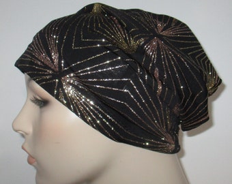 Black Velour w Sparkly Design Hospital Gift  Sleep Cap, Cancer Hat, Alopecia   Chemo Hat