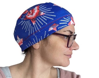 Womens Pillbox Red White Blue Silver Print  Knit Chemo, Cancer, Alopecia Hat, Hair loss Beach Yoga Cap Alopecia Biker