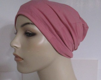 Dusty Rose Stretch Knit Chemo Hat Slouch Yoga Exercise Bikers Cancer Headcover Alopecia Beach Wear
