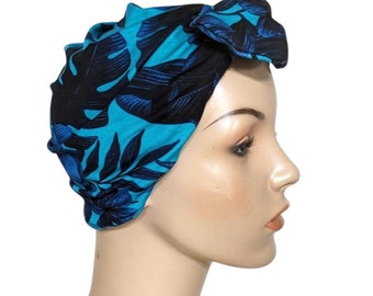 Teal Blue Floral Turban with Bow Cotton Poly Stretch Chemo Hat, Cancer Turban Hair loss