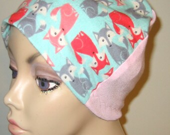 Kids  Flannel Foxes  Sleep Cap, Adult or Kids Chemo Hat, Cancer Cap, Alopecia