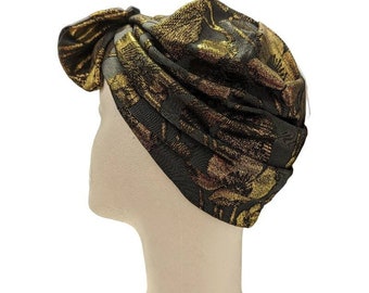 Black Gold Turban w Bow Lycra Poly  Stretch Chemo Hat, Cancer Turban Dressy  Hat Hospital Church  Turban New Years Eve