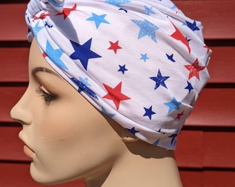 4th of July Patriotic USA PrintTurban with  Bow Lycra Cotton   Stretch Knit  Chemo Hat, Cancer Turban Womens Hat Hospital Headcover