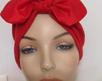 Red Knit w Bow Wear 2 WaysTurban, Chemo Hat, Women's Alopecia Cancer Hat