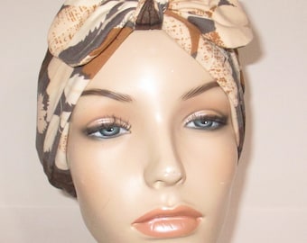 Womens Gray and Cream Floral Turban/WITH Bow  Chemo Hat Gift for Cancer Patient Knit Turban Alopecia Bad Hair Day