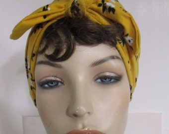 Yellow Print Turban w Bow  Cotton Stretch  Chemo Hat, Cancer Turban Womens Hat Hospital Headcover Alopecia Bad Hair Day Fashion Turban