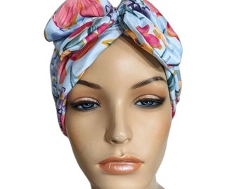 Blue Pink Summer Floral Turban with Bow Cotton Poly Stretch Chemo Hat, Cancer Turban Hair loss