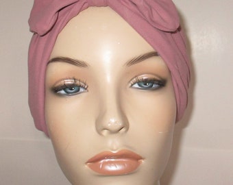 Dusty Rose W Bow Pink Turban w Bow  Cotton Stretch  Chemo Hat, Cancer Turban Womens Hat Hospital Headcover Alopecia Bad Hair Day