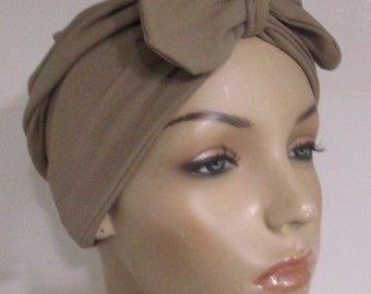 Taupe Turban W BOW Dbl Brushed Poly Stretch  Chemo Hat, Cancer Turban, Womens Hat Gift for Cancer Patient Hospital Hatt Alopecia