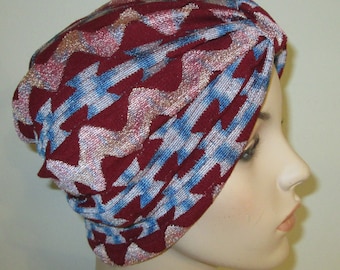 Ethnic Cranberry  Stretch Turban, Chemo Hat, Cancer Turban, Womens Hat