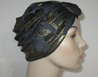 Black Gold Turban w Bow or Tie Back Lycra Poly  Stretch Chemo Hat, Cancer Turban Dressy  Hat Hospital Church  Turban Ramadan