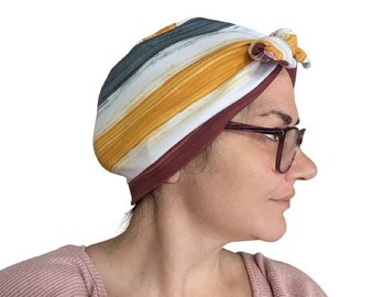 Womens Striped Print  w Bow Knit Chemo, Cancer, Alopecia Hat, Hair loss Beach Yoga Cap Alopecia Biker