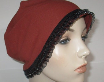 Adult Paprika Knit and Black Lace Trim Sleep Cap Slouch  Chemo   Beanie  Alopecia Hospital Hat Cancer Cap Leisure Hat