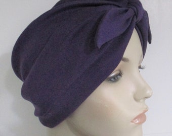 Purple Turban  with  Bow Lycra Cotton   Stretch Knit  Chemo Hat, Cancer Turban Womens Hat Hospital Headcover For Gardening Yoga