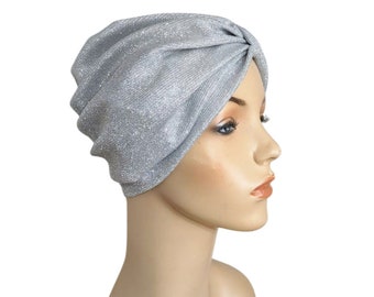 Chemo Hat Silver Sparkle Turban, Snood, Womens Hat Cancer Hat Alopecia Modest headwear