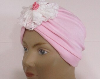 Little Girls Baby Turban Pink w White Lace Flower Stylish Dress Up  Children's Cancer Cap, Alopecia Gift for  Child