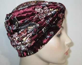 Chemo Velour Burgundy Floral Turban  Knit  Womens Hat Cancer Hat Alopecia Hat