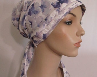 Chemo Hat Soft Violet and White Floral Print  Cancer Scarf, Modest Hat, Alopecia Free Ship USA