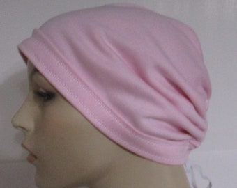 Cozy Chemo Stretch Knit Pink Sleep Cap, Cancer Hat, Hair Loss Nurse Veterinarian Scrub Hat Alopecia w/Ponytail Opening