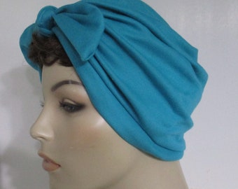 Dark Turquoise w Bow  Cotton Stretch  Chemo Hat, Cancer Turban Womens Hat Hospital Headcover