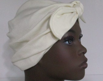 Ivory w Bow  Cotton Stretch  Chemo Hat, Cancer Turban Womens Hat Hospital Headcover