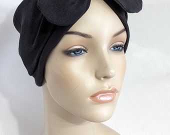 Turban noir w Bow Cotton Poly Stretch Chemo Hat, Cancer Turban perte de cheveux