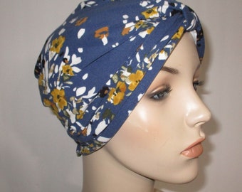 Blue and Yellow Floral Knit Turban, Chemo Hat, Women's Alopecia Cancer Hat