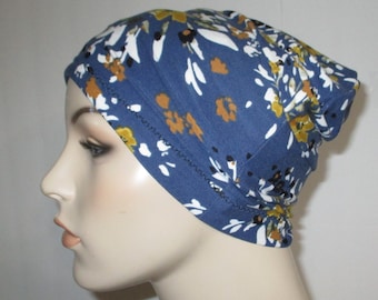 Women's Slouchy Chemo Hat Blue Yellow Stretch Knit Slouch Beanie   Alopecia