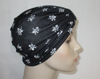 Chemo Hat Black and White Knit Turban, Snood, Womens Hat Cancer Hat Alopecia Modest headwear