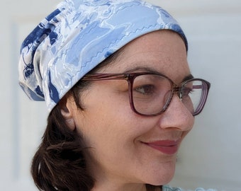 Slouch Hat Gathered Back Blue Ocean  Print Stretch Knit Chemo Cap, Cancer Hat, Alopecia, Modest Hat, Bad Hair Day, Dress Up or Casual
