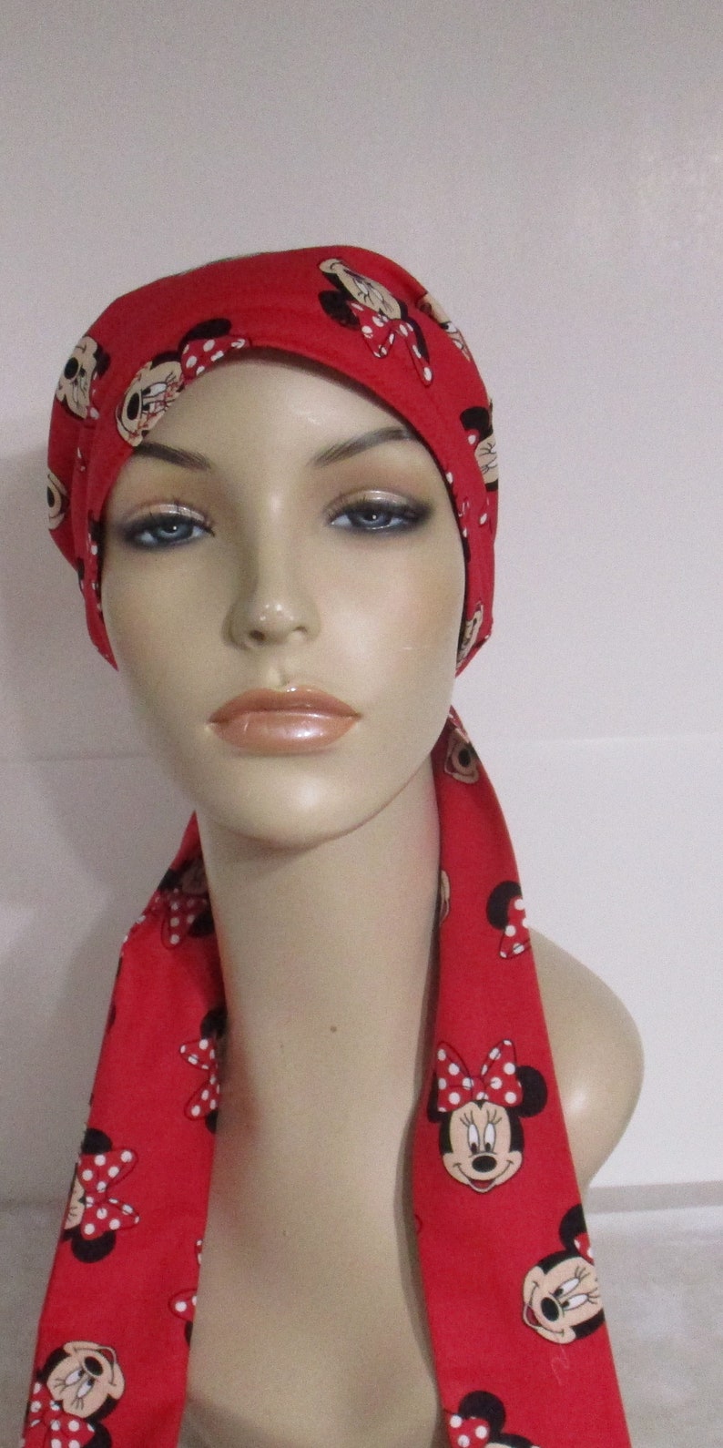 Chemo Hat Minnie Mouse on Red Cancer Hat, Alopecia, Head Cover Gift for Cancer Patient image 3