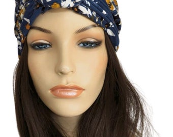 Blue Yellow Turban w Knot  Cotton Stretch  Chemo Hat, Cancer Turban Womens Hat Hospital Headcover