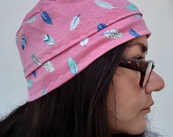 Womens Pillbox Pink w Leaf Print  Knit Chemo, Cancer, Alopecia Hat, Hair loss Beach Yoga Cap