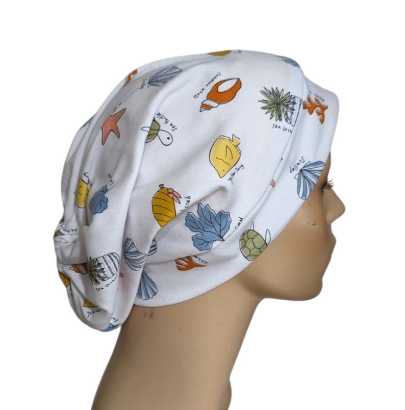 Gathered Slouch Ocean Life Chemo Hat Beanie Alopecia Exercise Yoga Gardening Cancer Hat Cancer Gift Chemo Headwear image 2